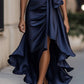 Midnight Elegance Satin Halter Ruffle Gown