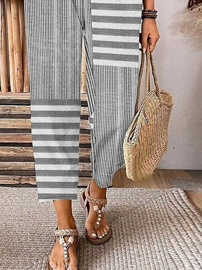 Women'S Retro Casual Irregular Striped Cotton And Linen Pants