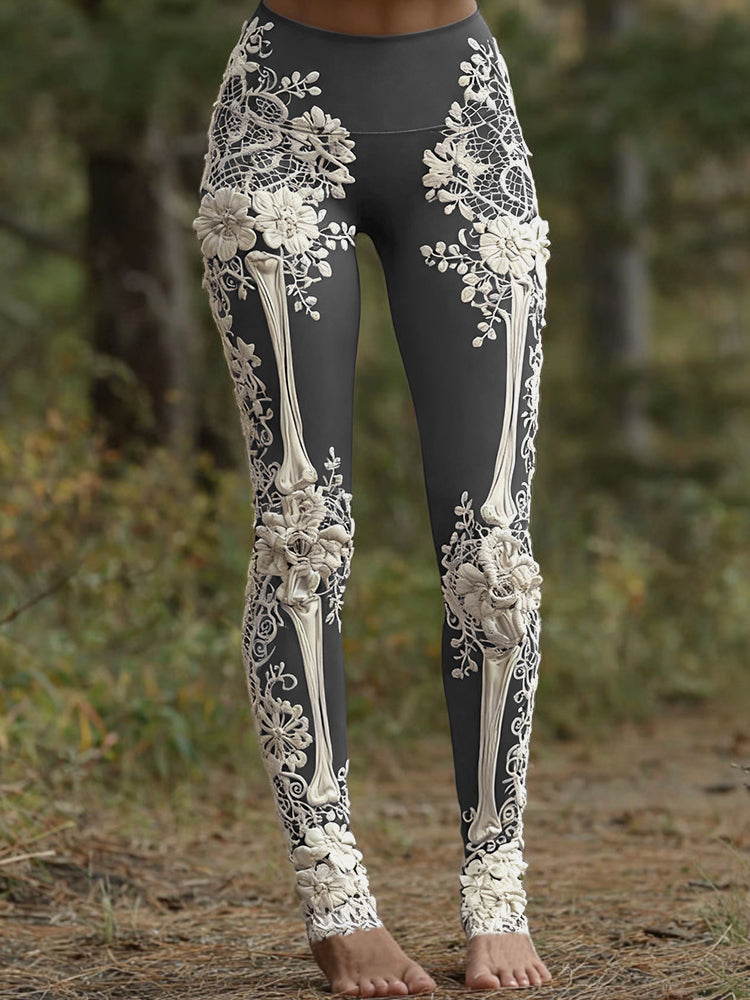 Women's Vintage Halloween Skeleton & Rose Lace Art Leggings