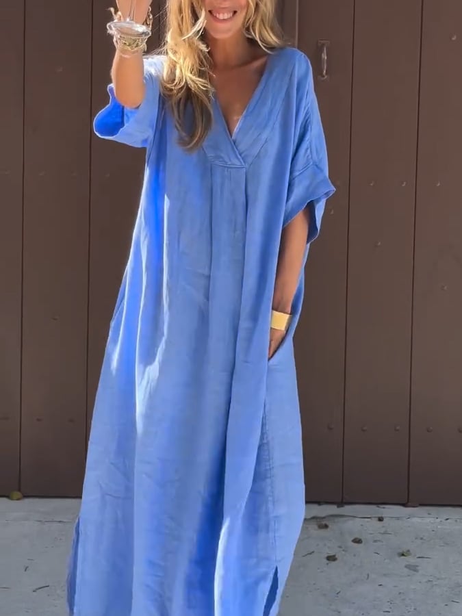 Women'S Casual Solid Color Short-Sleeved V-Neck Cotton And Linen Dress