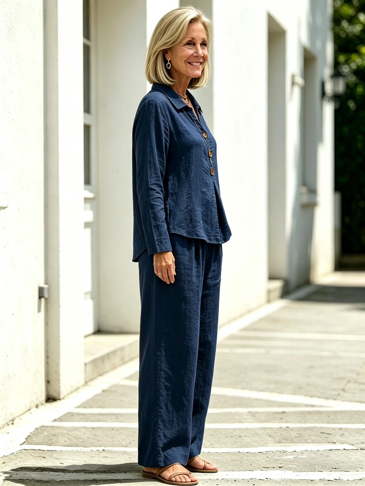 2 Piece Casual Outfit Set, Polo Collar Long Sleeve Button Front Blouse, Loose Solid Color Top, Elastic High Waist Wide Leg Trousers, Full Length Palazzo Pants, Soft Lightweight Textured Fabric, Relaxed Fit Matching Suit for Daily Wear, Vacation and Commut