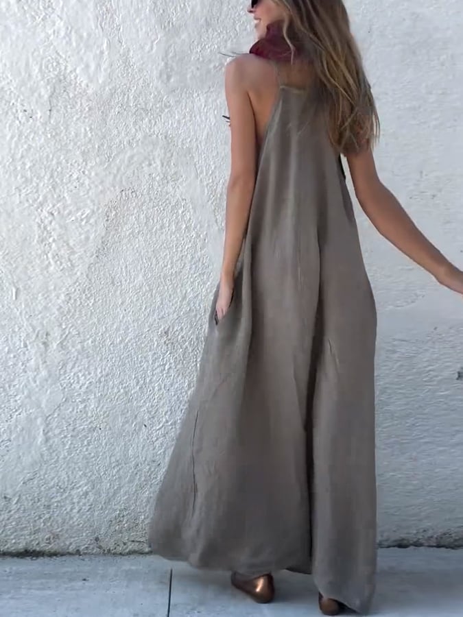 Women'S Casual Cotton And Linen Suspender Maxi Dress