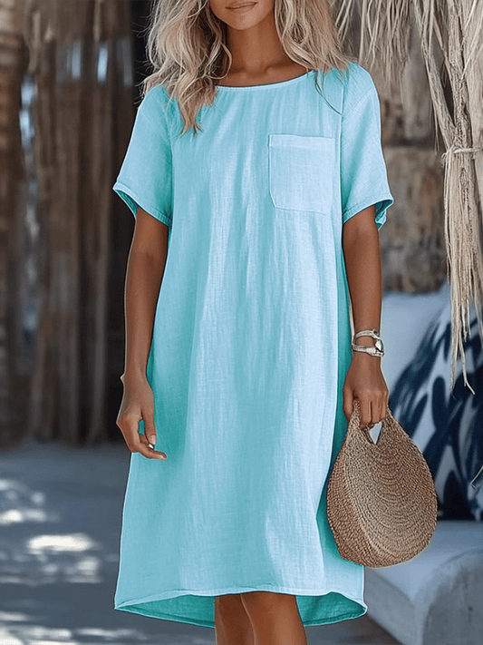 Women'S Loose Round Neck Pocket Cotton And Linen Dress