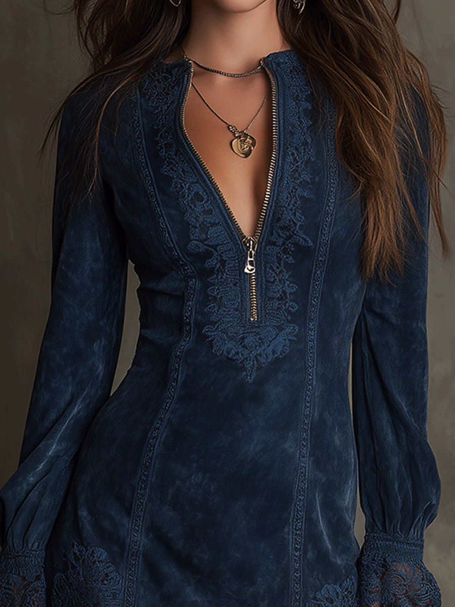 Vintage Blue Suede Lace Trim Mini Dress