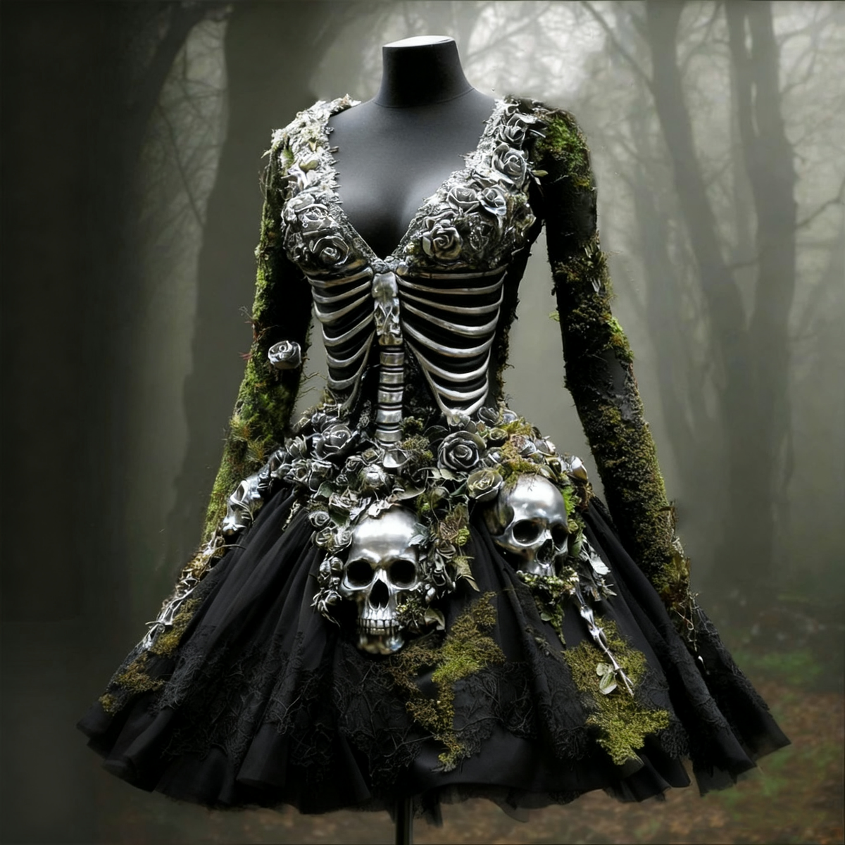 Women's Halloween Skull Flowers Moss Witch Midi Dress