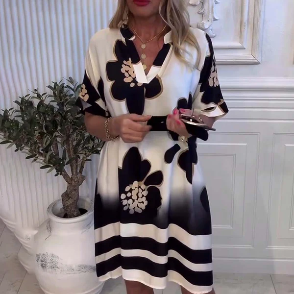 Women's Printed V-Neck Short Sleeve Loose Casual Dress