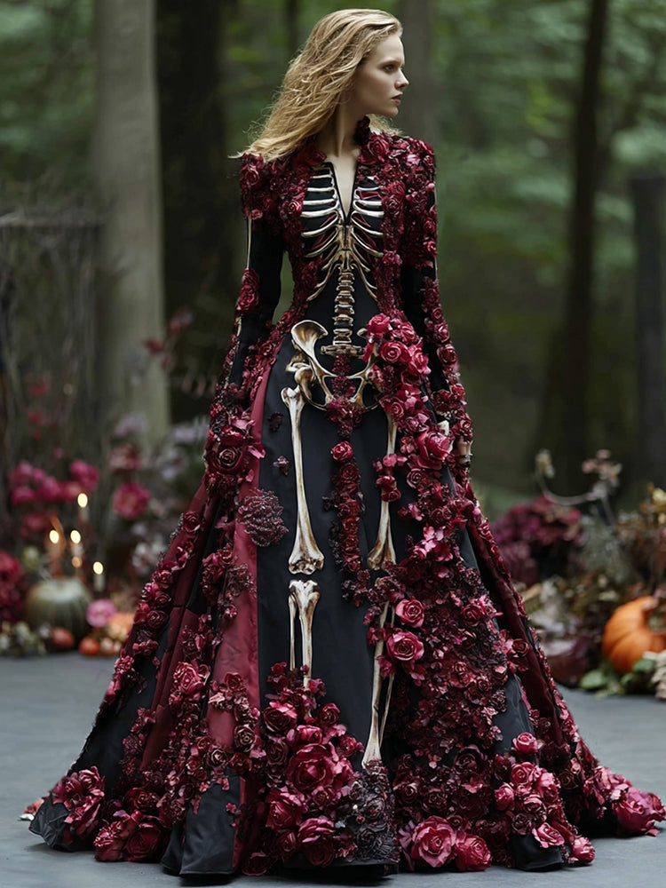 Women's Elegant Retro Skull Flower Pattern V-neck Long Sleeve Maxi Dress