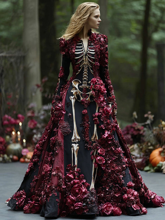 Women's Elegant Retro Skull Flower Pattern V-neck Long Sleeve Maxi Dress