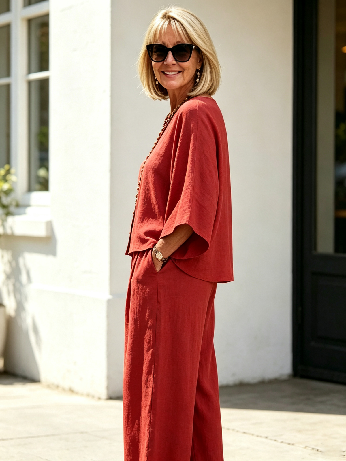 2Pcs OL style temperament women's clothing collage cotton and linen seven-quarter sleeve set size supply