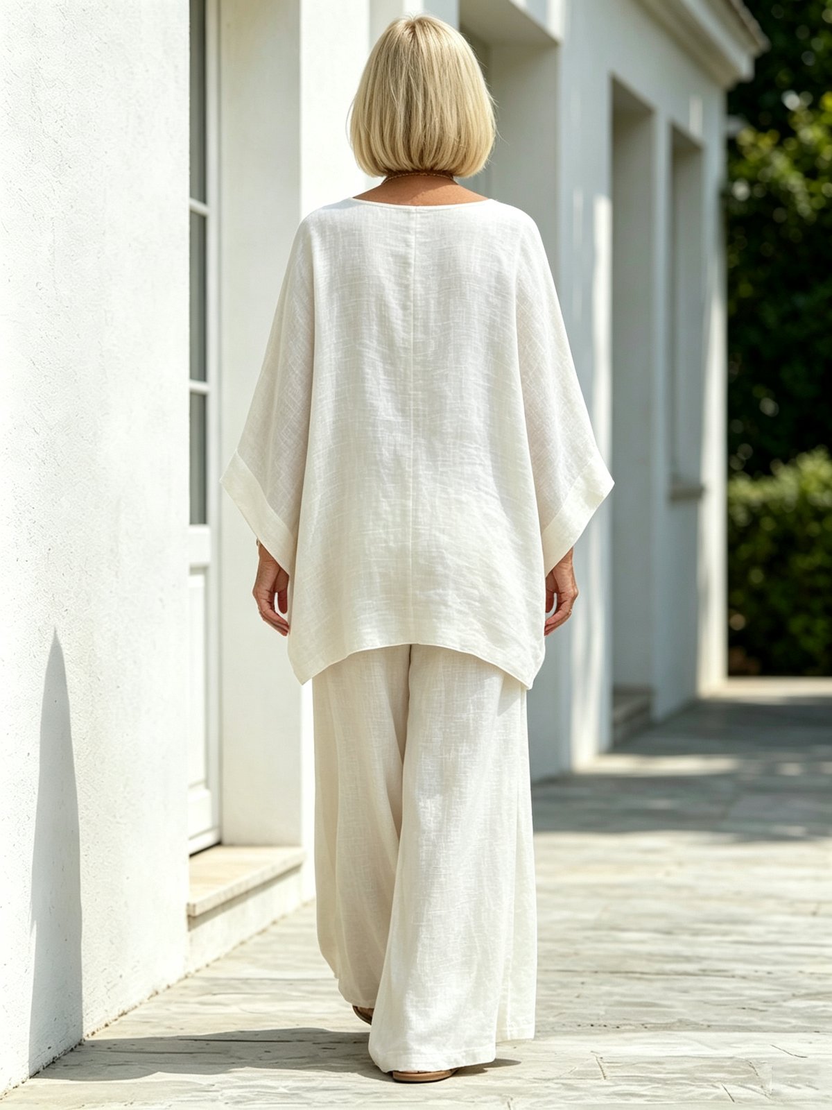 2Pcs Elegant Women Solid Linen‐Blend Two‐Piece Set, Oversized Batwing Sleeve Uneven Hem Tunic Blouse, Breathable Flowy Wide Leg Floor‐Length Pants, Loose Comfortable Casual Co‐ord Suit for Beach Holiday Daily Street Wear