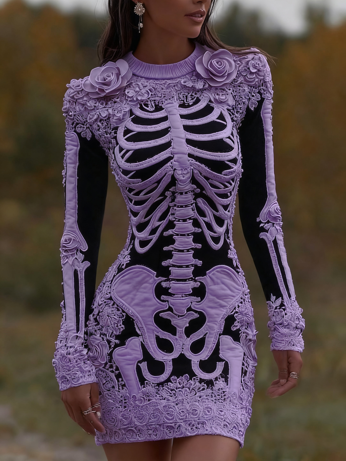 Women's Vintage Halloween Skeleton Bones With Rose Art Cozy Knit Mini Sweater Dress