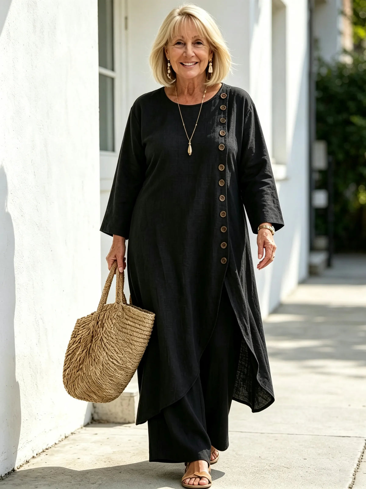 Casual Linen Long Irregular Single-breasted Top and Trousers Two-piece Set