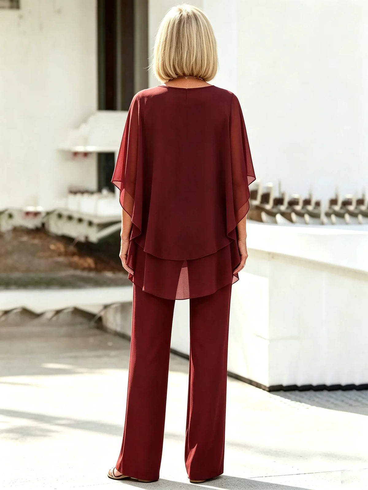 2 Piece Pant Set, Round Neck Keyhole Cutout Chiffon Cape Top, Irregular Layered Hem, Loose Flowy Batwing Sleeves, High Waist Straight Wide Leg Trousers, Lightweight Sheer Fabric, Elegant Outfit Set for Wedding Guest and Formal Occasions
