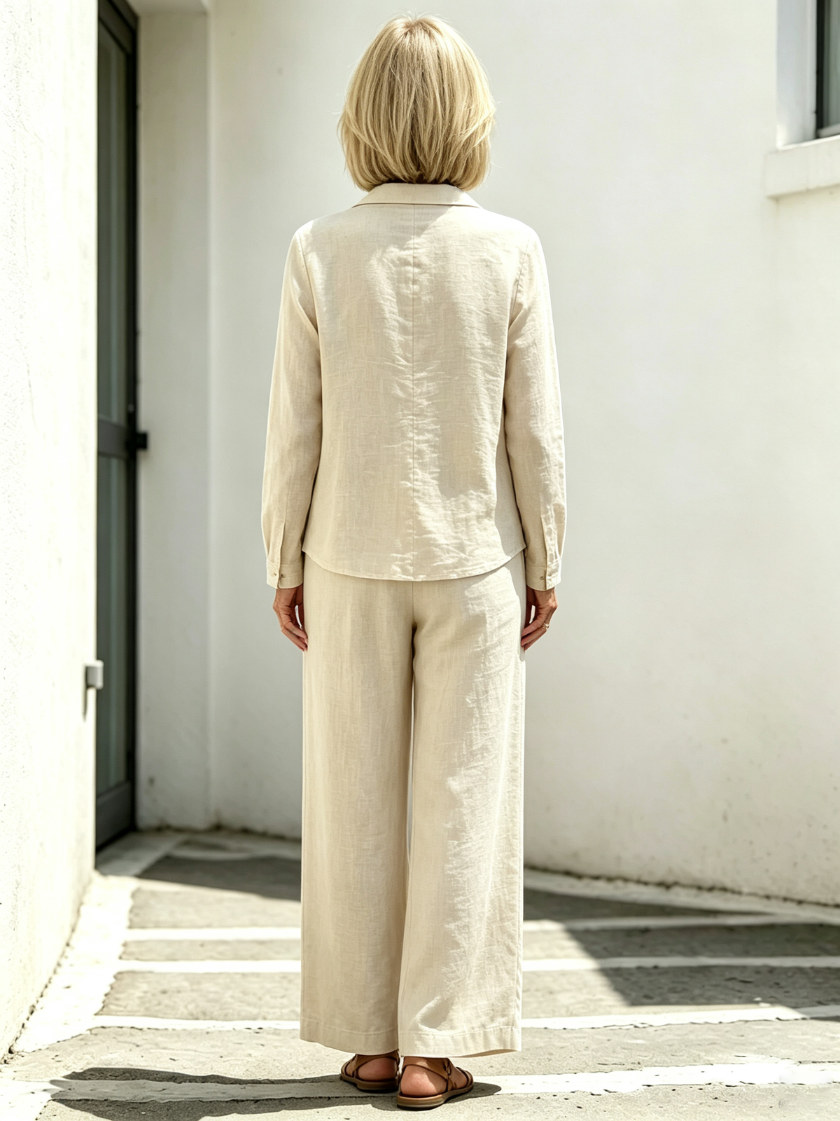 2 Piece Casual Outfit Set, Polo Collar Long Sleeve Button Front Blouse, Loose Solid Color Top, Elastic High Waist Wide Leg Trousers, Full Length Palazzo Pants, Soft Lightweight Textured Fabric, Relaxed Fit Matching Suit for Daily Wear, Vacation and Commut