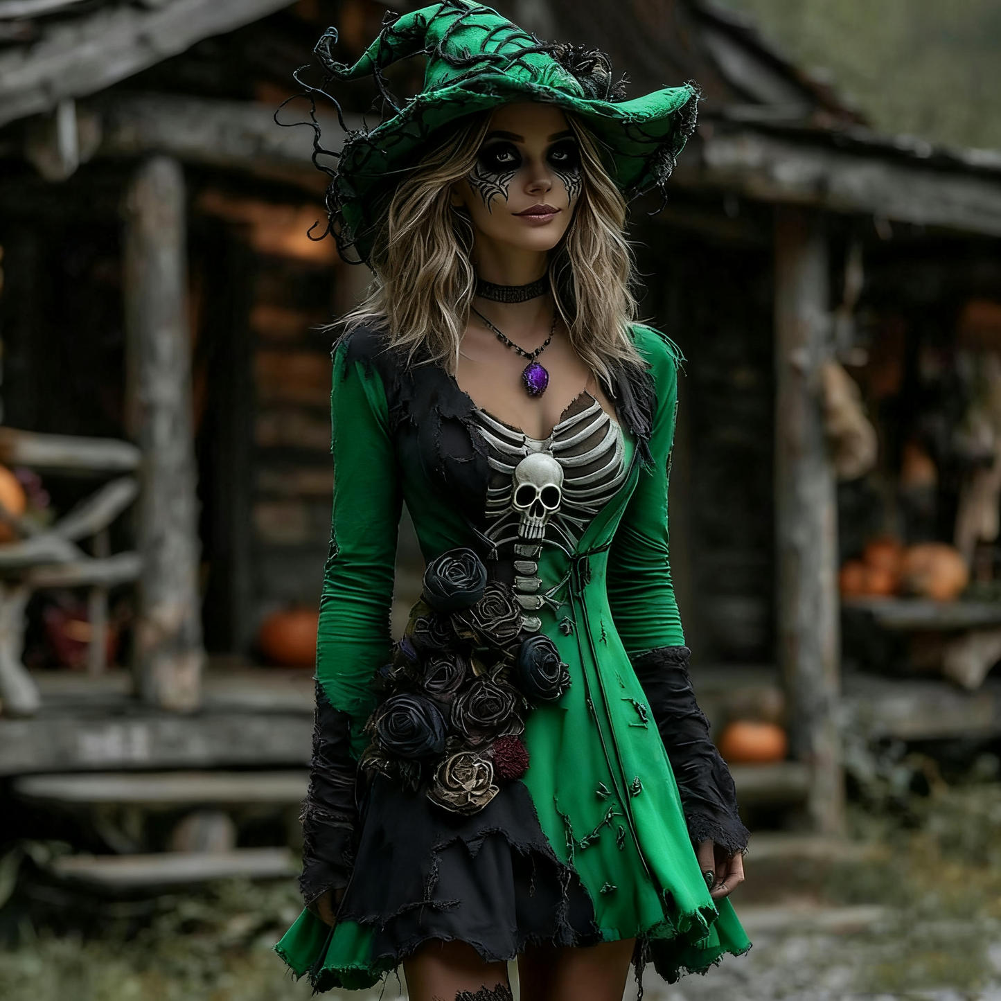 Women's Halloween Rose Skeleton Witch Cosplay Midi Dress