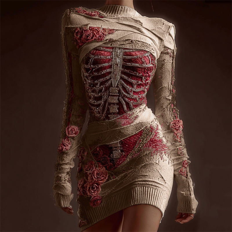 Classy Skeleton Anatomy Bloody Roses Bandages Knit Sweater Dress