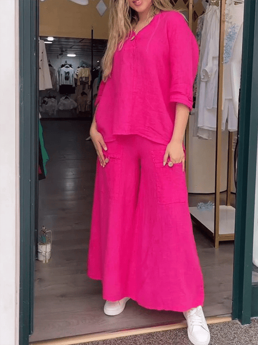 Women'S Casual Loose Fit V-Neck Button Design Pants Set