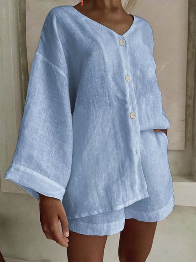 Women'S Loose V-Neck Casual Shirt Shorts Pants Set
