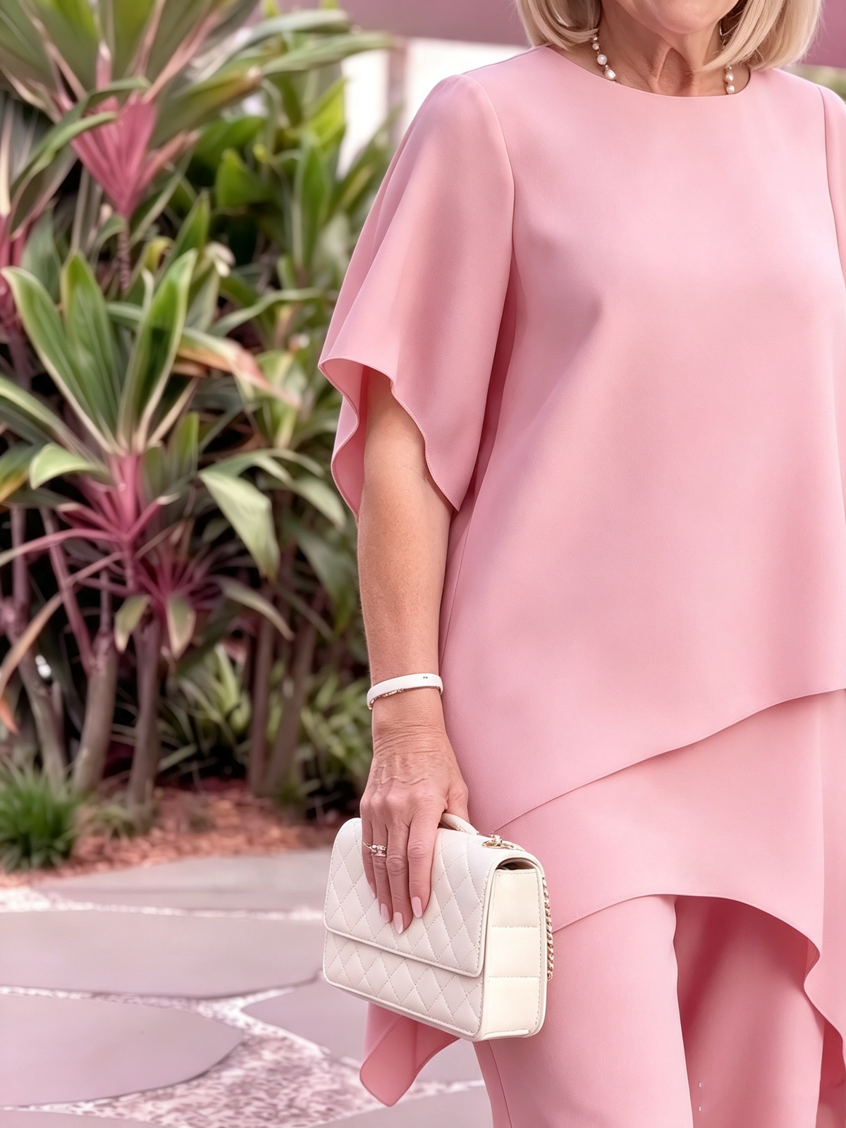 Women's 2 Piece Chiffon Pants Set, Round Neck Sheer Flutter Sleeve Asymmetric Double Layer Tunic Top & Wide Leg Trousers, Elegant Loose Matching Outfit for Wedding Guest Formal Occasions