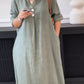Women's Casual Solid Color V-Neck Long Sleeve Button Cotton and Linen Dress