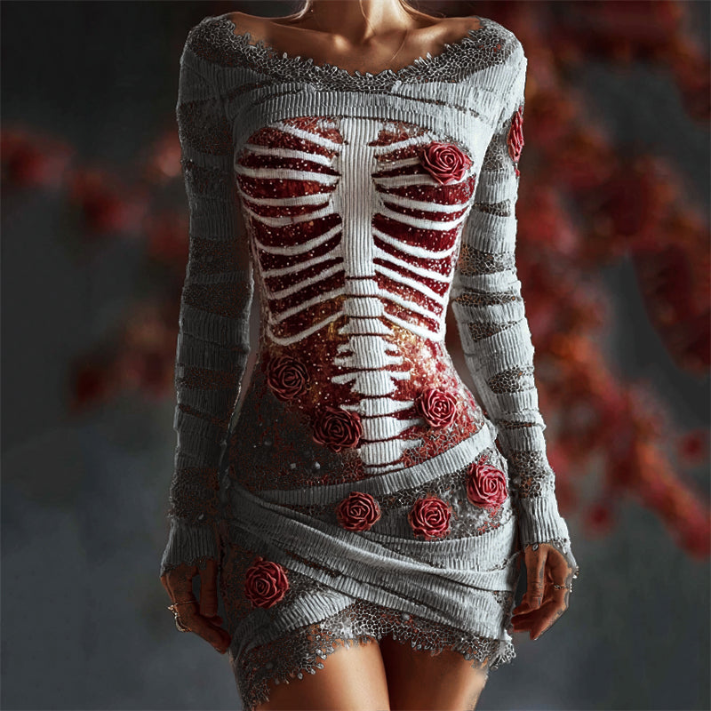 Halloween Bloody Red Roses Rib Cage Lace Comfy Mini Dress
