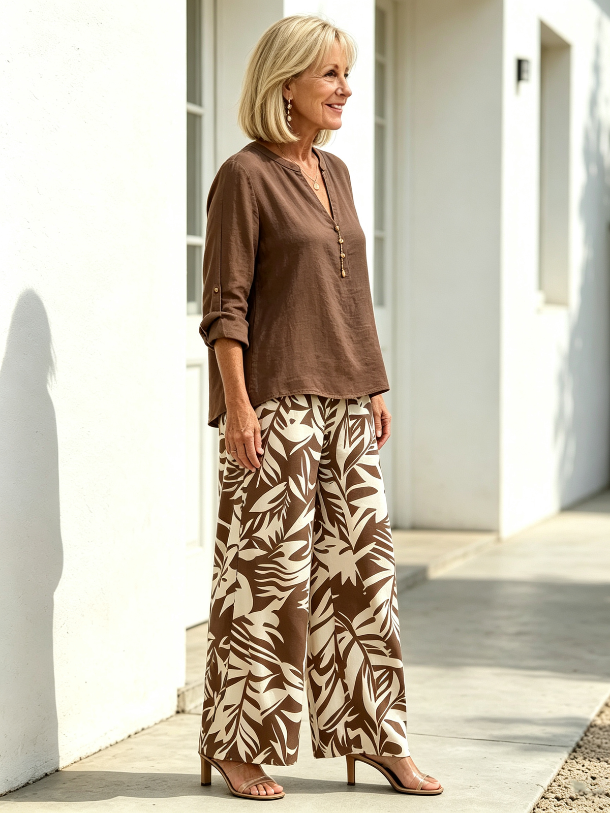 Plant-printed V-neck Vest Straight-leg Pants, Casual and Comfortable Suit