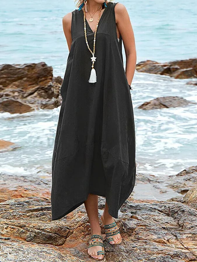 Women's Casual Solid Color V-Neck Pocket Dress