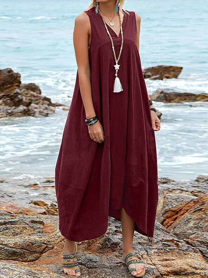 Women's Casual Solid Color V-Neck Pocket Dress