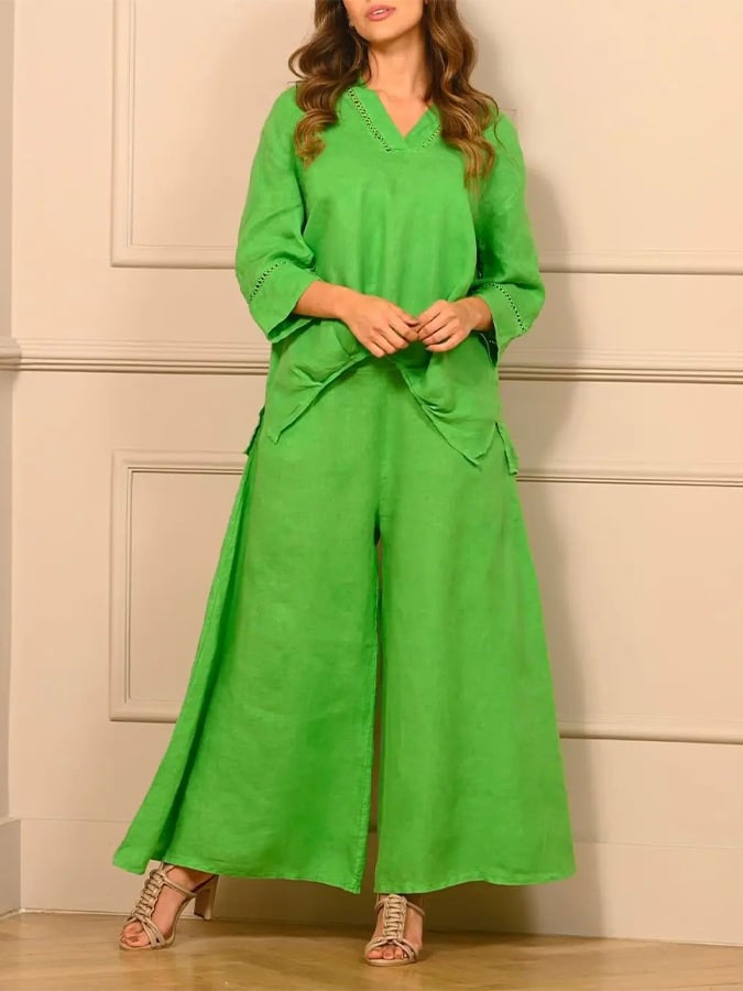 Women's Casual Solid Color Lace Splicing 7-point Sleeve V-neck Pleated T + Wide-leg Pants Set