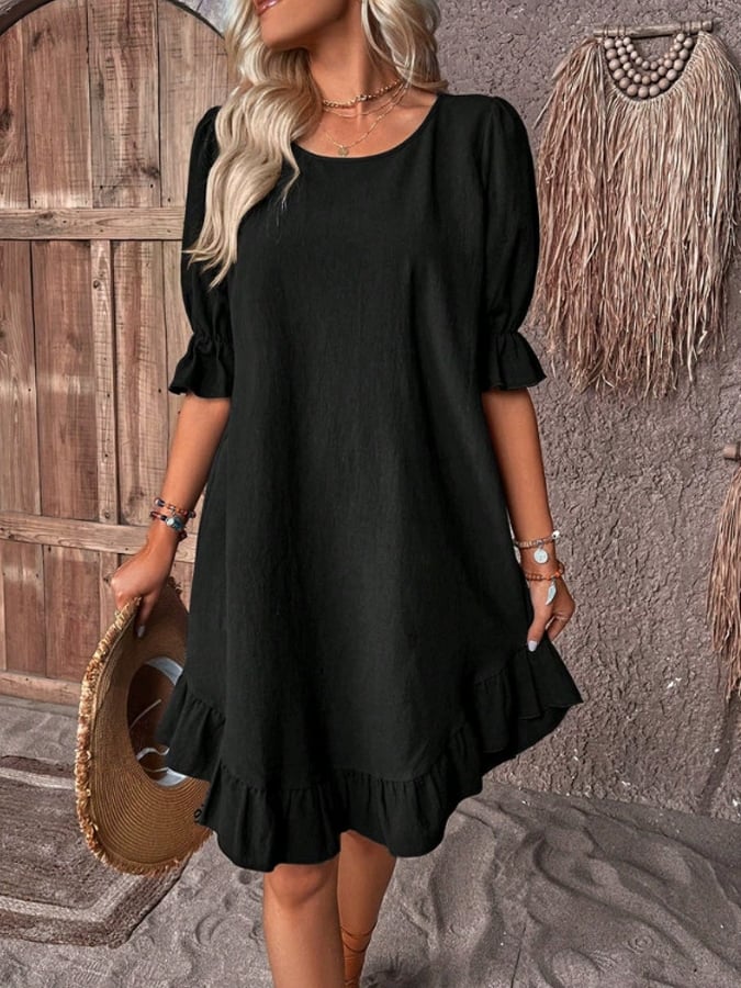 Women's Vintage Solid Color Cotton and Linen Mid Sleeve Round Neck Dress