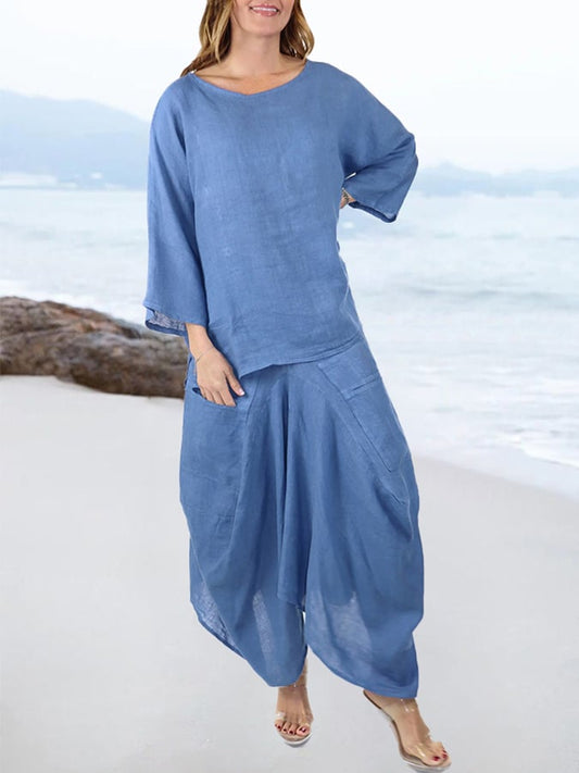 Women'S Casual Round Neck Solid Color Loose Skirt Two-Piece Set