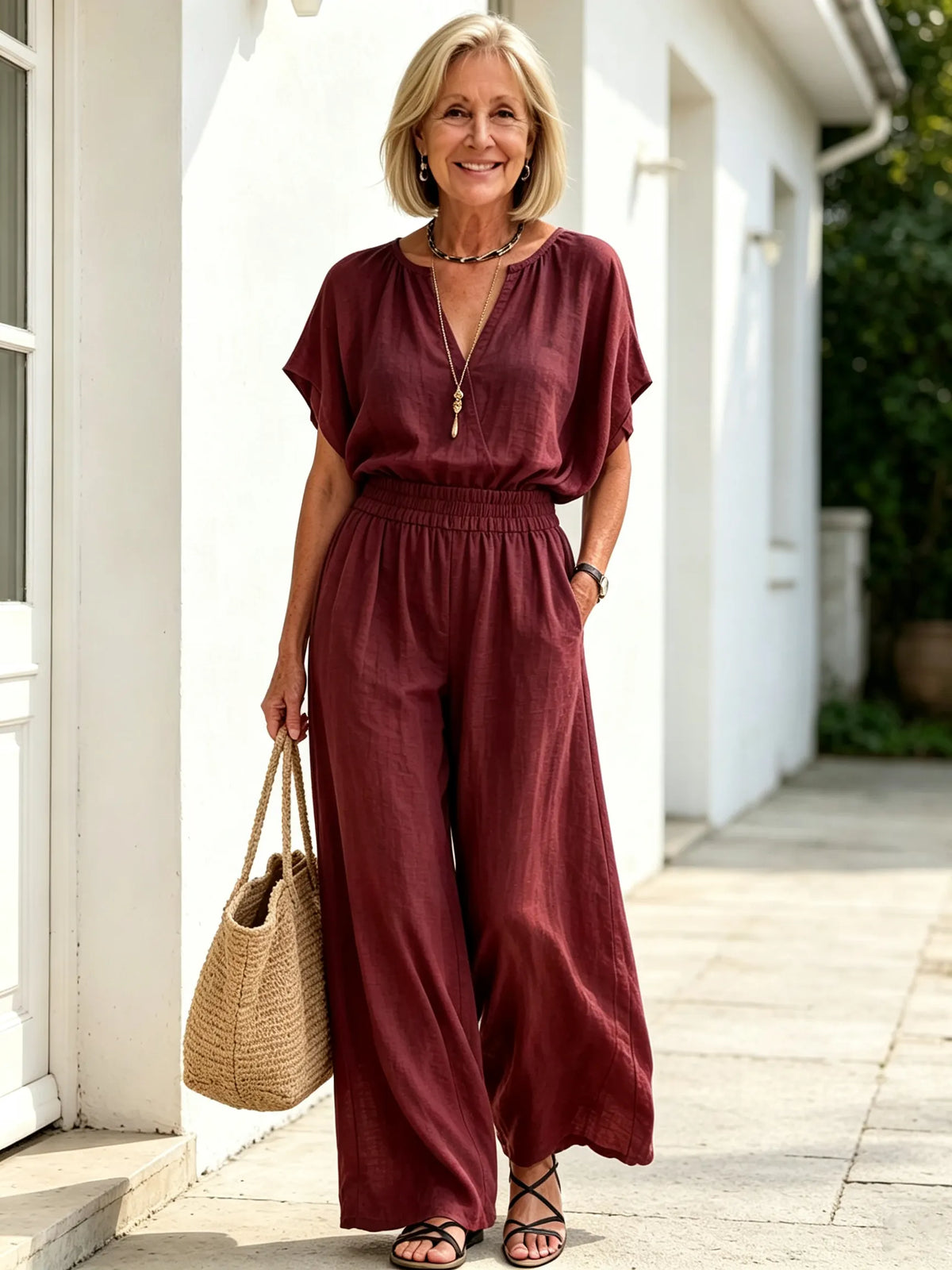 2Pcs Solid Color Loose Temperament V-neck Casual and Comfortable Cotton and Linen Two-piece Set