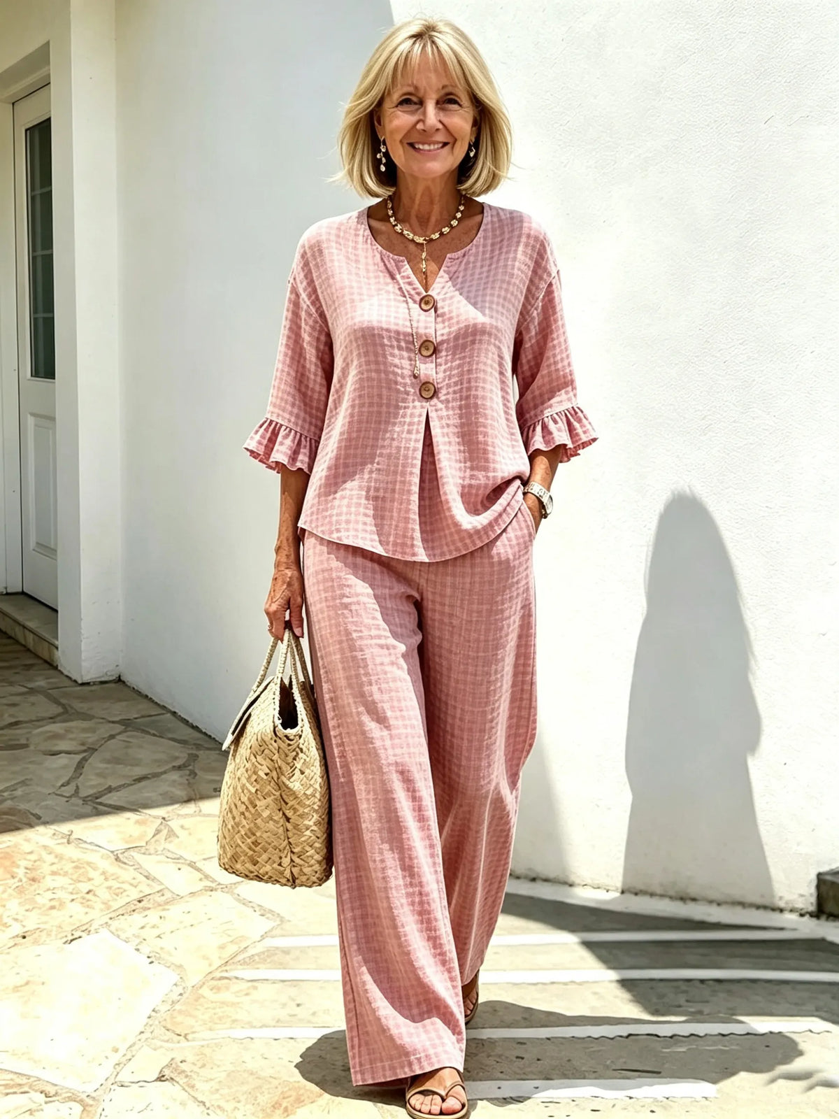 Women Elegant Linen Blend Plaid Two-Piece Casual Pant Set, Woven Textured Gingham Check Pattern Matching Outfit, Notch V-Neck Three Wooden Button Front Top With Ruffle Flared 7/4 Length Bell Flounce Sleeves, Loose High Waist Wide Leg Full Length Trousers
