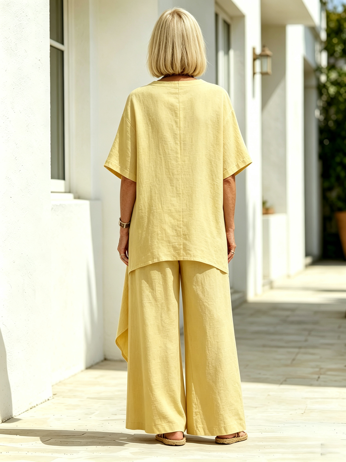 2Pcs Solid Color Cotton Linen Two-piece Outfit, Round Neck Short Sleeve Irregular Hem Tunic Top, Wide Leg Long Pants, Loose Relaxed Fit, Lightweight Breathable Fabric, Flowy Casual Coordinate Set for Daily, Holiday and Outdoor Occasions