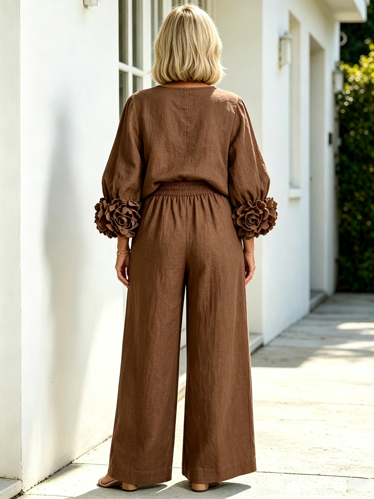 2Pcs Women Solid Color Linen Two Piece Pant Set, Crew Neck Long Sleeve Top with Statement 3D Floral Ruffle Cuffs, Elastic Waist Wide Leg Trousers, Relaxed Fit Matching Outfit for Casual Holiday Daily Outing