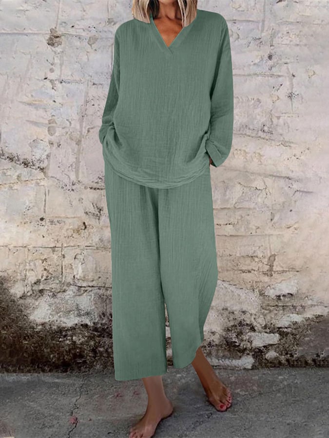 Women's Casual V-neck Pullover Long Sleeve + Pocket Trousers Cotton and Linen Suit