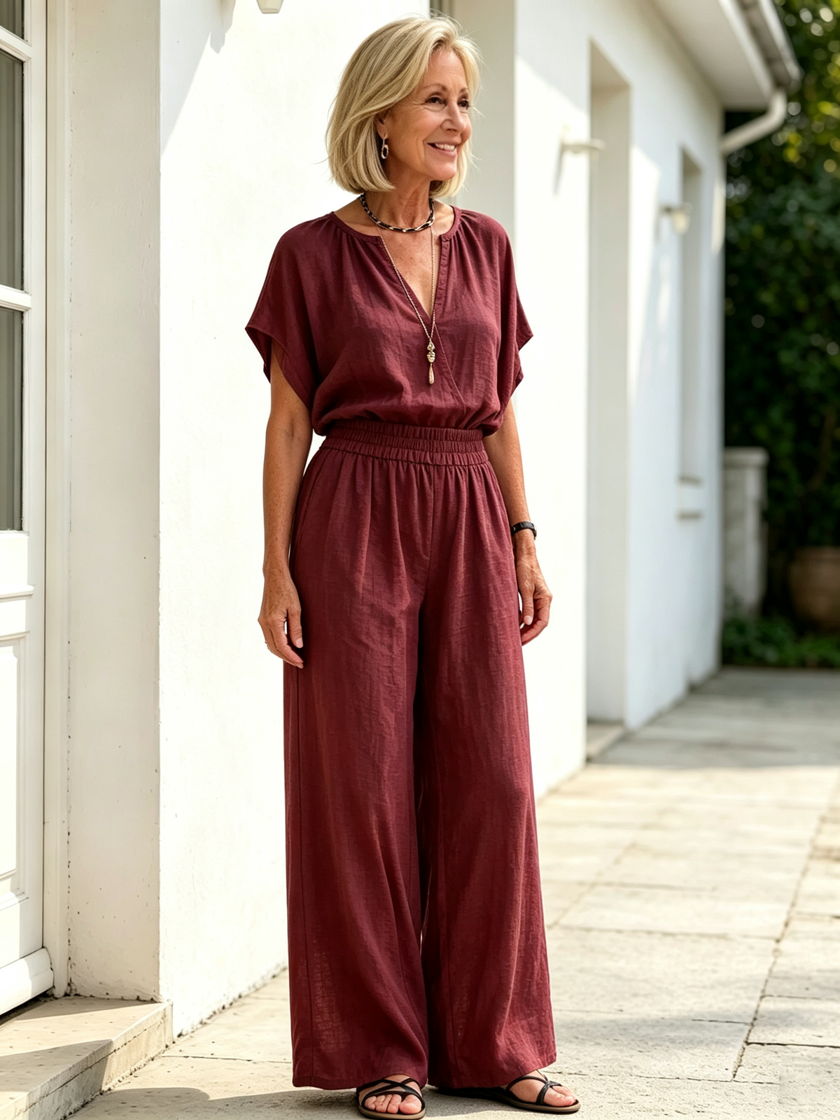 2Pcs Solid Color Loose Temperament V-neck Casual and Comfortable Cotton and Linen Two-piece Set