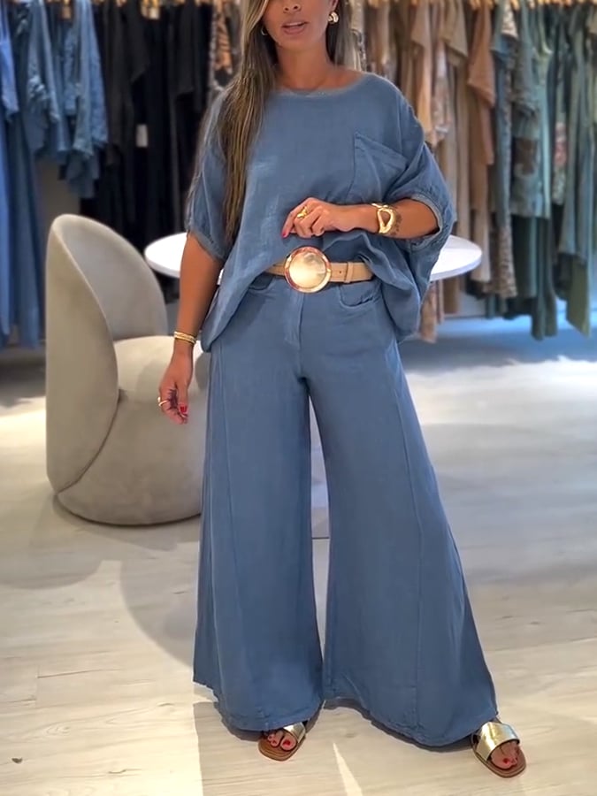 Women's Casual Solid Top and Wide Leg Pants Set