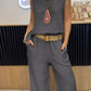 Women's Casual Solid Color Round Neck Vest Trousers Cotton and Linen Two-piece Set