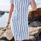 Women's Casual V-neck Short Sleeve Striped Print Contrast Color Cotton and Linen Dress