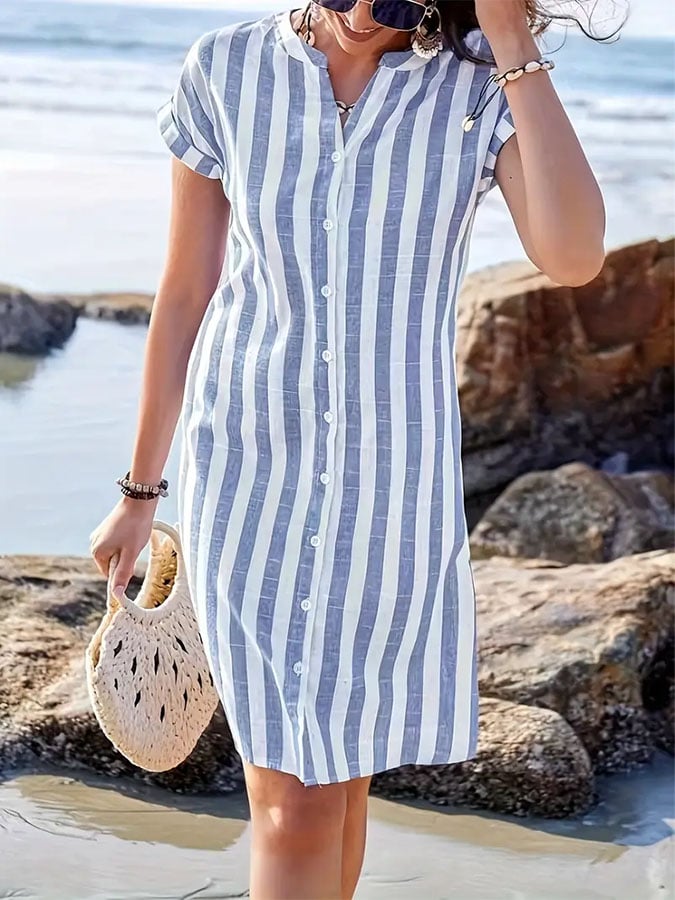 Women's Casual V-neck Short Sleeve Striped Print Contrast Color Cotton and Linen Dress