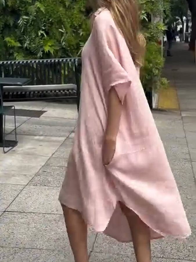 Women'S Casual Solid Color Half-Button Cotton And Linen Dress