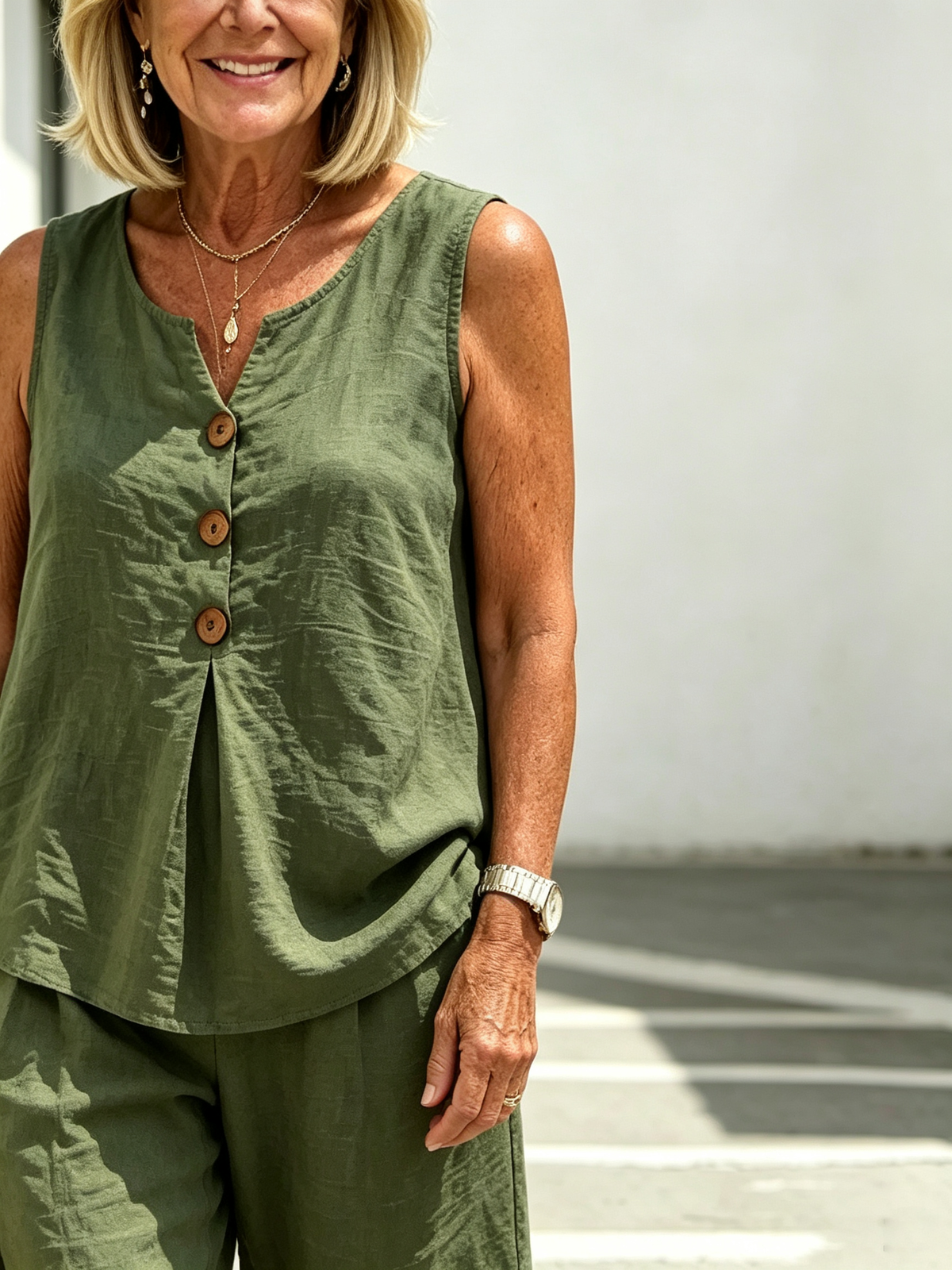 V-neck Button Sleeveless Vest Top Shorts Set Two-piece Set