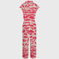 Women's Lapel Collar Wide Leg Pink Zebra Printed Scrub Jumpsuit