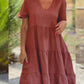 Ladies Solid Color V-Neck Wide Swing Casual Dress