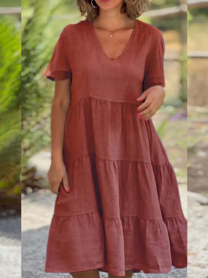 Ladies Solid Color V-Neck Wide Swing Casual Dress