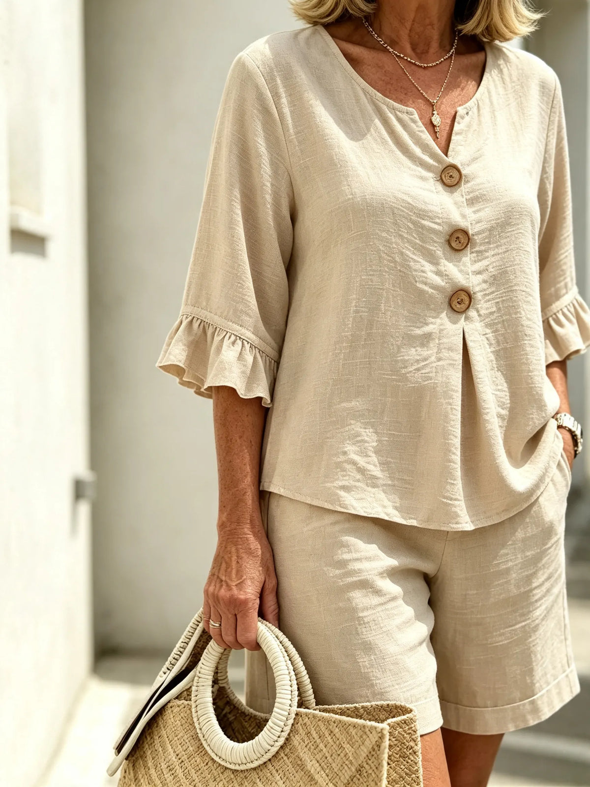 Women Solid Color Casual Shorts Two-Piece Pants Set, Woven Textured Faux Linen Matching Outfit, V-Neck Single Row Wooden Button Blouse With Ruffle Flared 5/7 Length Flutter Sleeves, Loose Relaxed Fit Elastic Waist Knee-Length Bermuda Three Point Shorts Wi