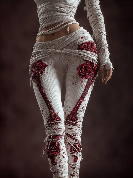 Classy Skeleton Anatomy Bloody Roses Bandages Knit Leggings
