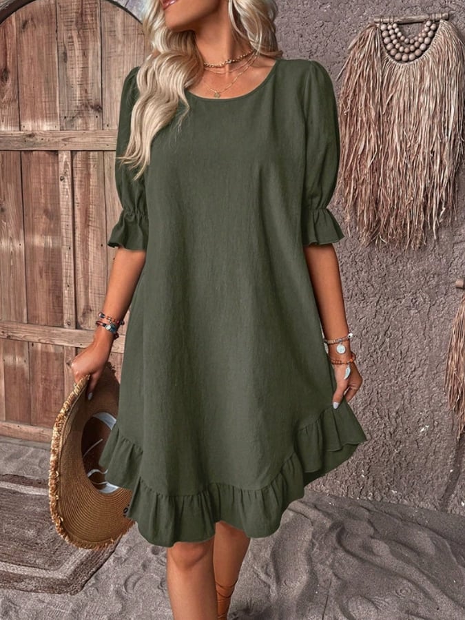 Women's Vintage Solid Color Cotton and Linen Mid Sleeve Round Neck Dress