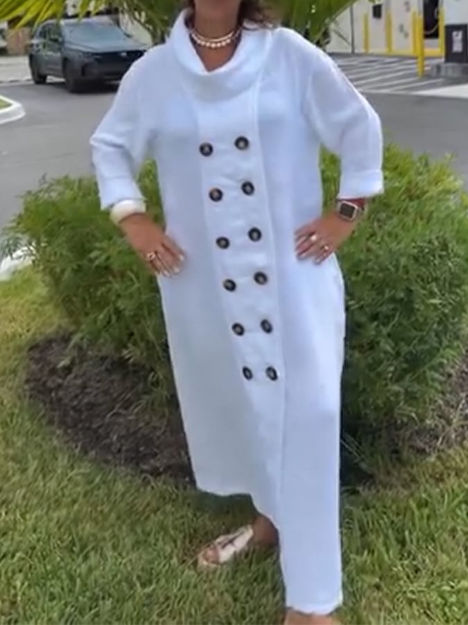 Women's Casual Round Neck Solid Color Button Loose Dress